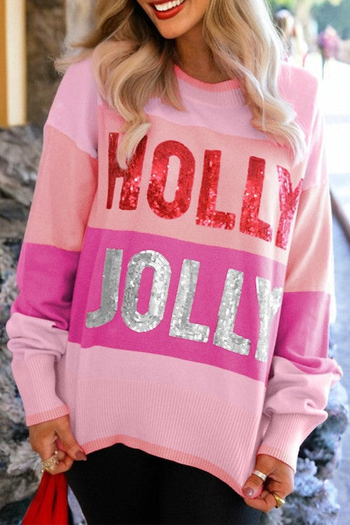 Christmas HOLLY JOLLY Sequin Colorblock Crewneck S
