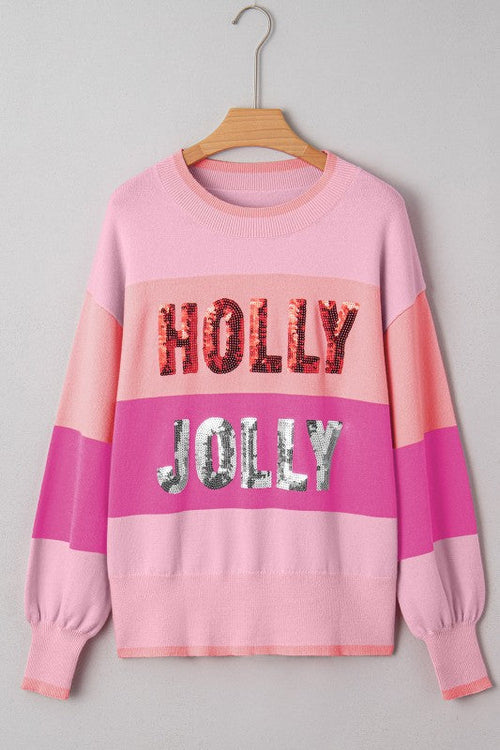 Christmas HOLLY JOLLY Sequin Colorblock Crewneck S