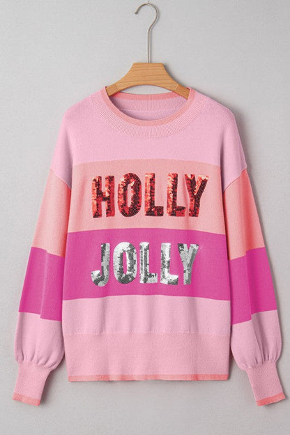 Christmas HOLLY JOLLY Sequin Colorblock Crewneck S